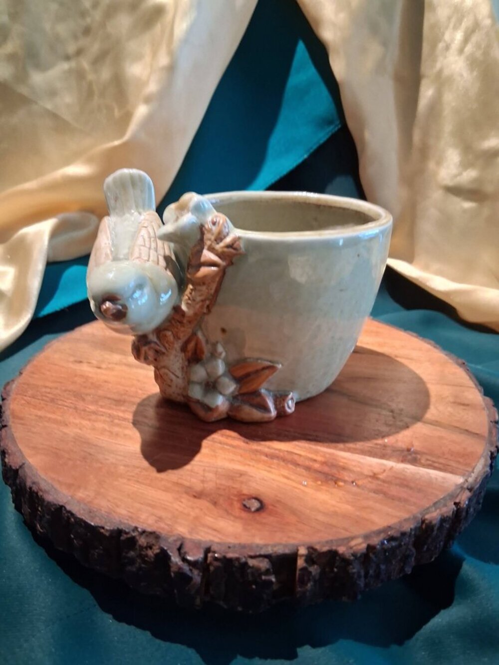 Vintage Ceramic Songbird Planter Sage Green Bird Pot 19702